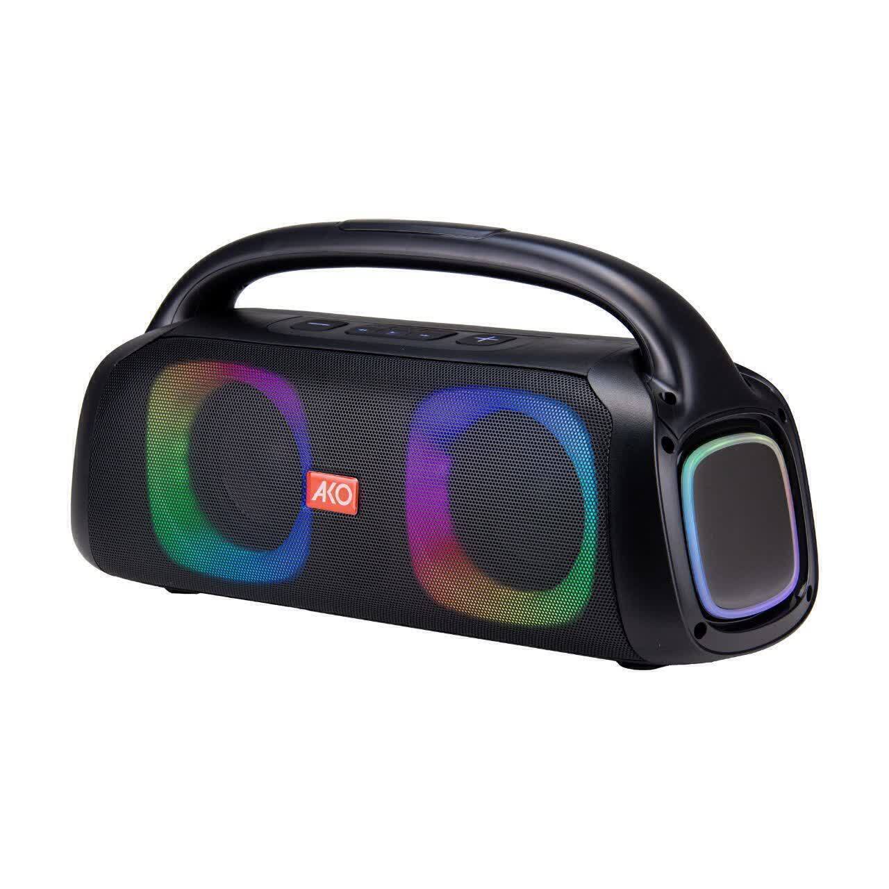 خرید اسپیکر قابل حمل آکو مدل Boom Box 600 | بلوتوث، فلش، AUX، رقص نور LED | مناسب مهمانی، سفر و سخنرانی